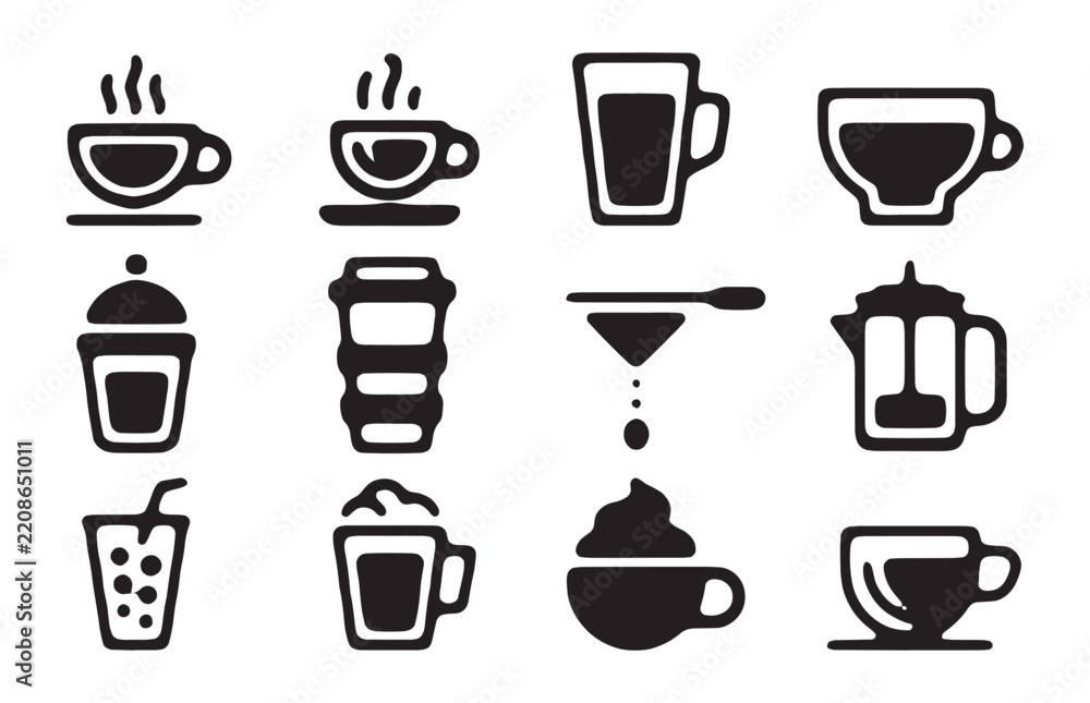 Obraz premium Collection of coffee and tea icons and symbols for cafe and restaurant menus.
