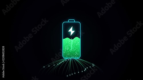 Fast battery charging icon with green energy particles and lightning fast charge technology
