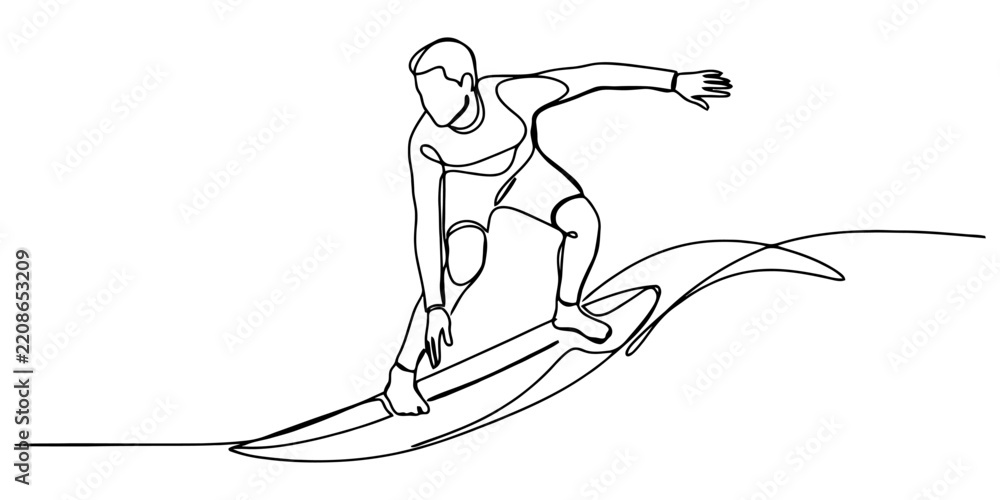 Fototapeta premium Surfer riding ocean wave continuous line drawing for extreme water sports branding and summer active lifestyle design elements.