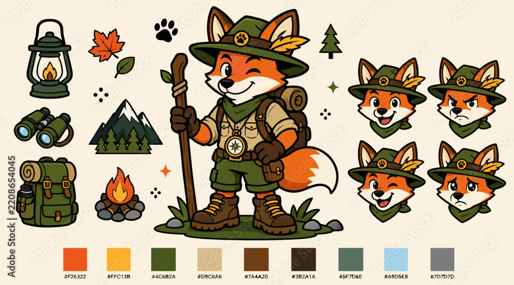 Obraz premium Cute Fox Character in Adventure Outfit with Camping Gear.