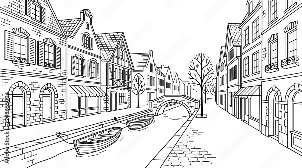 Obraz premium Venice Canal Cityscape Line Art Vector Illustration with Old European Houses Arch Bridge and Boats for Kids Coloring Page Book Designs