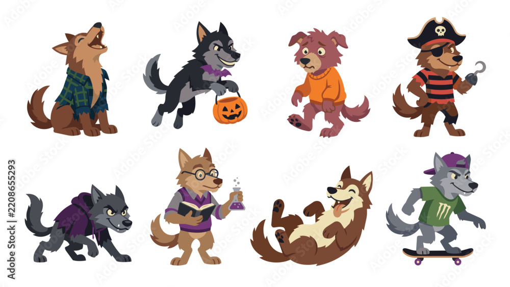 Obraz premium Werewolf Character Design Grid - Clean Cartoon Flat Vector Illustration Set for Halloween