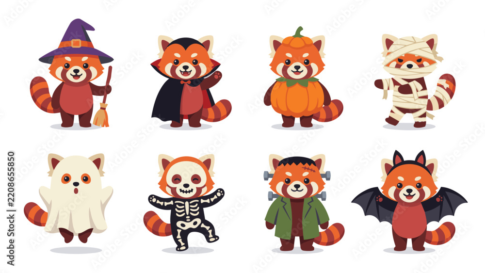 Obraz premium Cute Red Panda in Halloween Costume Cartoon Flat Vector Illustration Set