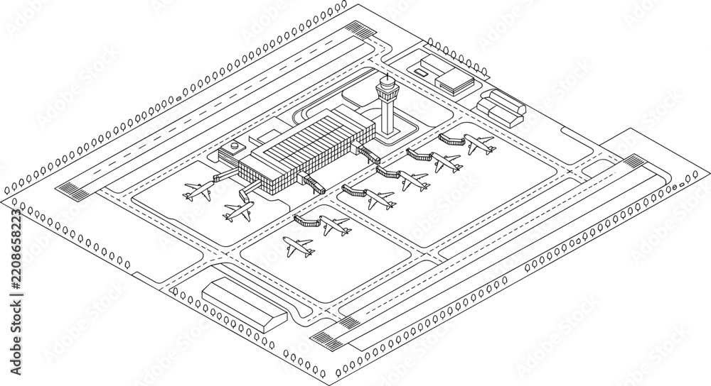 Fototapeta premium Isometric Airport Hub Map Layout Vector Set with Main Terminal Building Control Tower Airplane Runways Jet Bridges and Apron Parking Outlines
