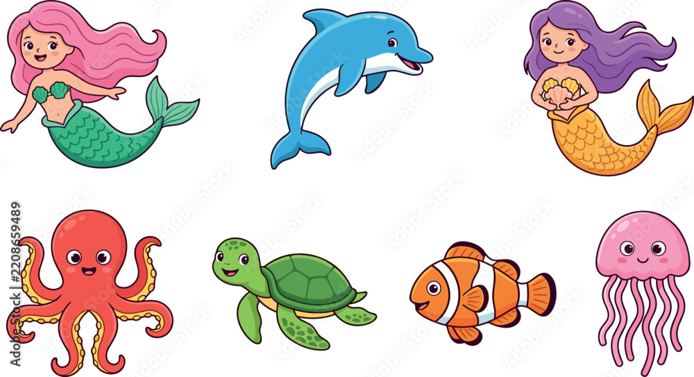 Obraz premium Cute Mermaid Vector Illustration Set with Dolphin Octopus Sea Turtle Clownfish and Jellyfish Elements for Kids Undersea Fantasy Graphic Designs