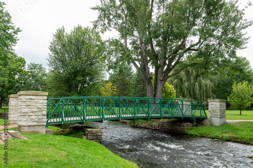 Scenic Green Footbridge Over a Flowing Creek in a Lush Park