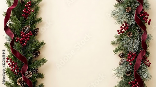 Festive christmas garland border with red berries and dark ribbons on a plain white background