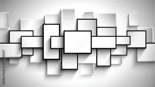 Abstract overlapping white squares and rectangles on a light gray background with geometric patt