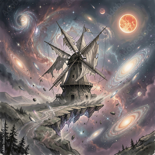 Illustration of a  vast, ancient windmill, its sails long since broken, stands precariously on the edge of a rift in spacetime
