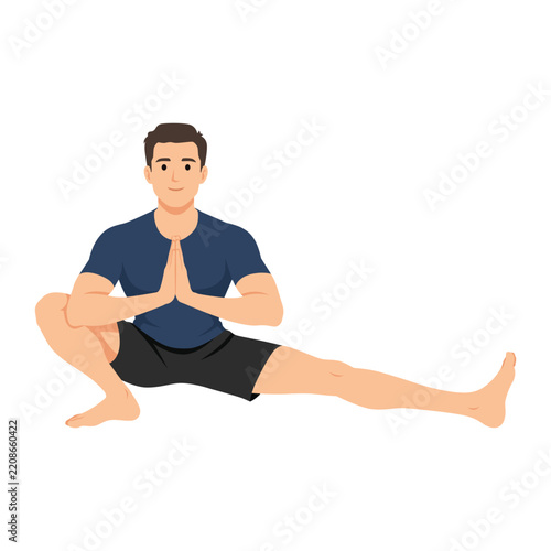 Man Performing Seated Side Lunge Yoga Stretch for Flexibility and Balance. Flat vector illustration isolated on white background