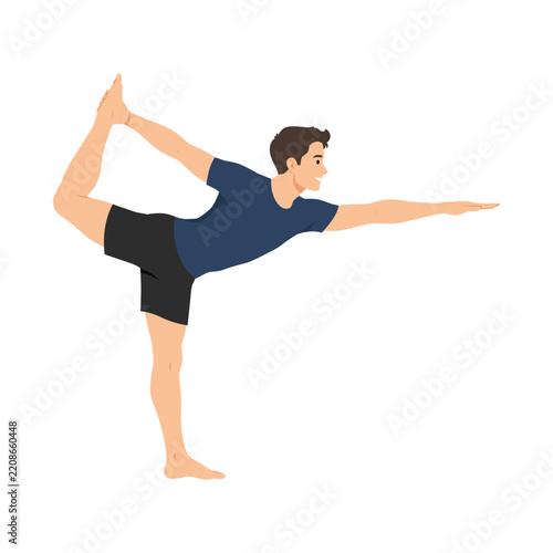 Man Performing Standing Bow Yoga Pose. Flat vector illustration isolated on white background