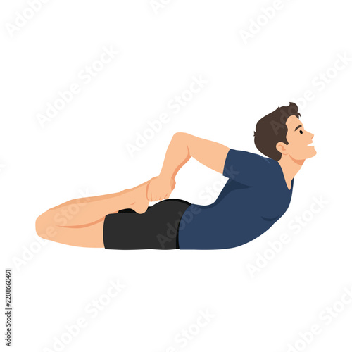 Man Performing Bow Pose Yoga Exercise. Flat vector illustration isolated on white background