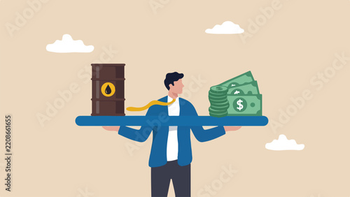 Oil supply demand balance concept businessman holding a large flat solid scale weighing oil and money clean minimal flat vector illustration1