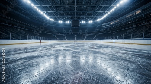 The interior view of a modern hockey stadium and ice rink under bright arena lights.