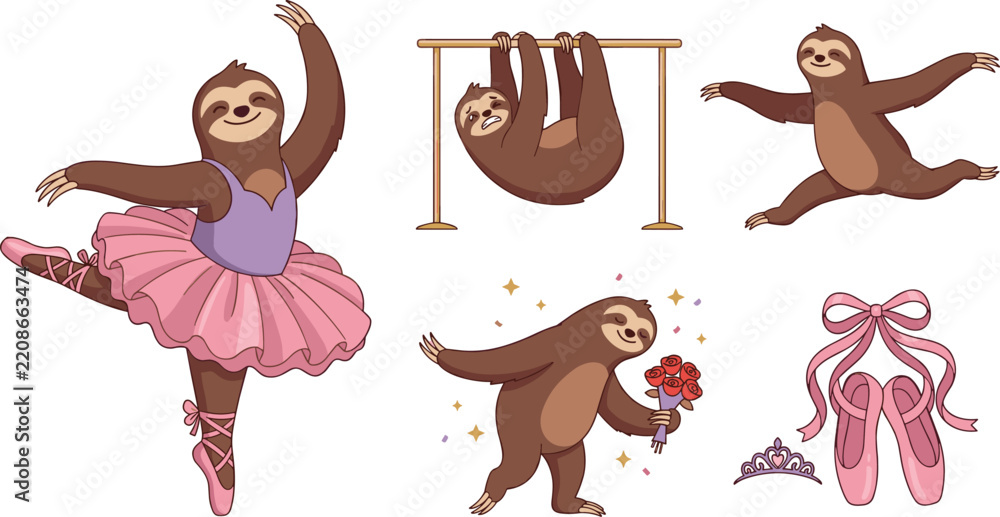 Obraz premium Cute Sloth Ballerina Cartoon Character Vector Set with Ballet Poses Tutu Skirt Gymnastics Bar and Point Shoes for Children Graphic Designs