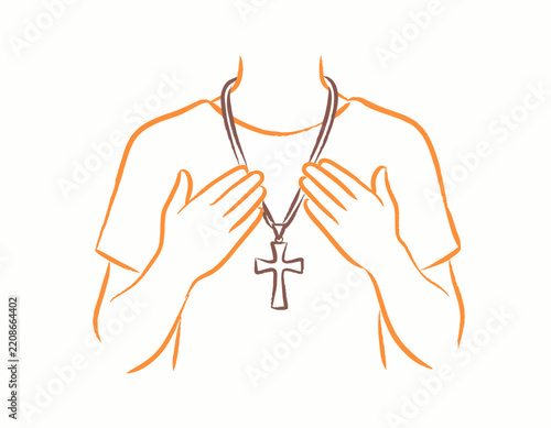 Obraz na plátně Faith and Devotion: A person wears a prominent cross necklace, with hands clasped over the chest in a gesture of prayer or deep contemplation