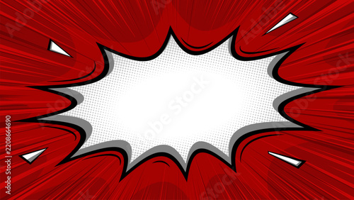 Comic book explosion background with red radial speed lines, halftone dot, and central copy space