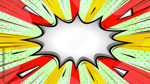 Comic book explosion background with red, yellow, green rays, halftone, central copy space