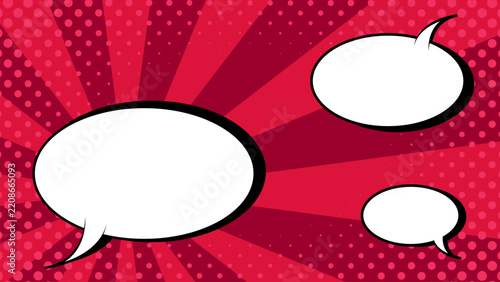 Comic book sunburst background with red radial rays, halftone dots, and blank speech bubbles