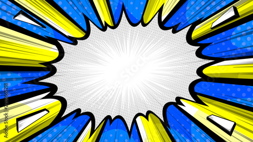 Comic book explosion background with blue and yellow speed lines, halftone dot, central copy space