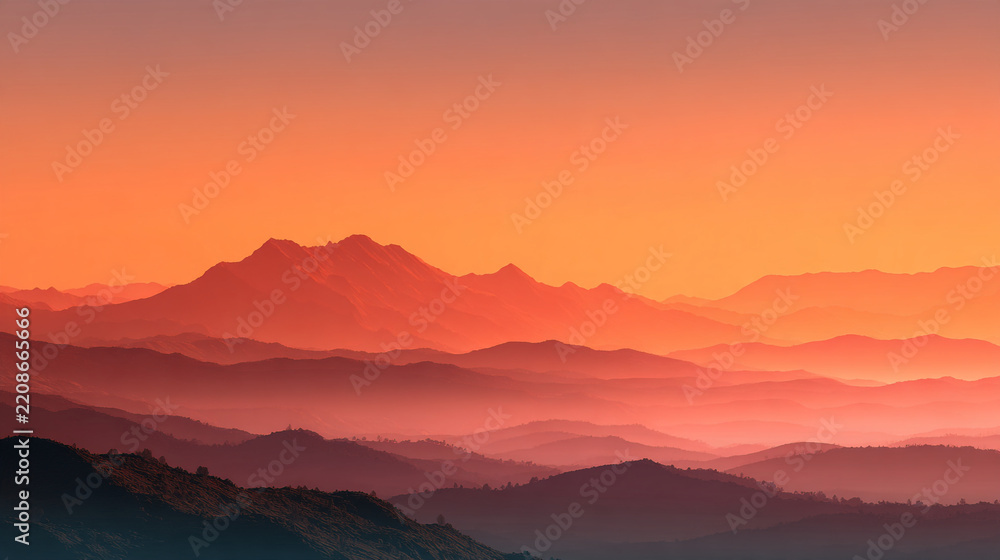 Naklejka premium Panoramic view of misty mountain layers during a orange sunrise with golden hour
