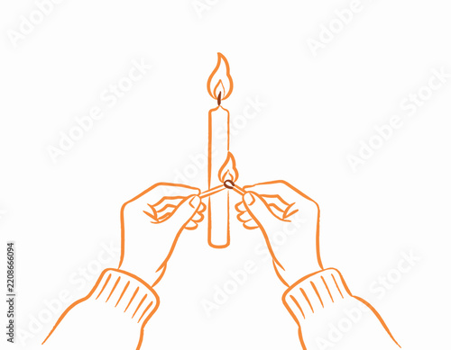 Lighting the Way: Hands hold a match to a lit candle, igniting a second flame, symbolizing connection and the passing of knowledge or inspiration in a minimalist illustration.
