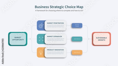 Business strategic choice infographic illustrating market penetration, market expansion, product innovation, and opportunity pathways for sustainable growth