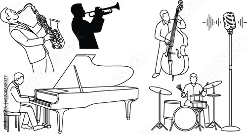 Jazz music band elements set featuring musicians playing piano saxophone trumpet contrabass and drums vector illustrations