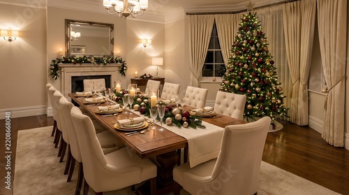 Elegant dining room decorated for christmas with a beautifully set table and a glowing holiday tree nearby