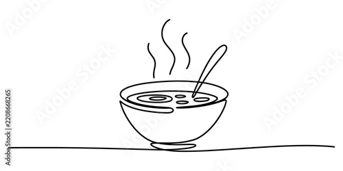 Simple line drawing of a hot bowl of soup with a spoon in it