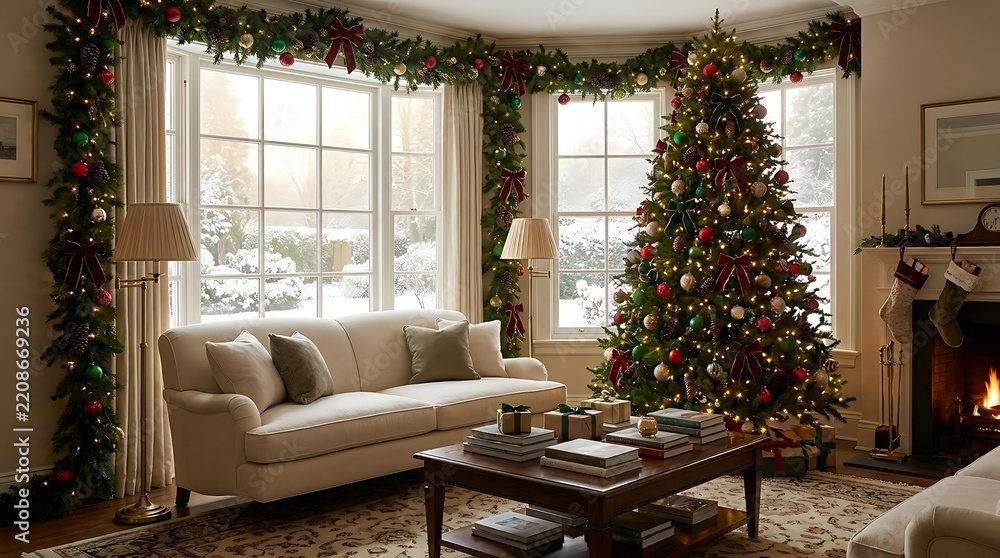 Fototapeta premium Cozy living room interior decorated for christmas with a large lit tree and festive garland around windows