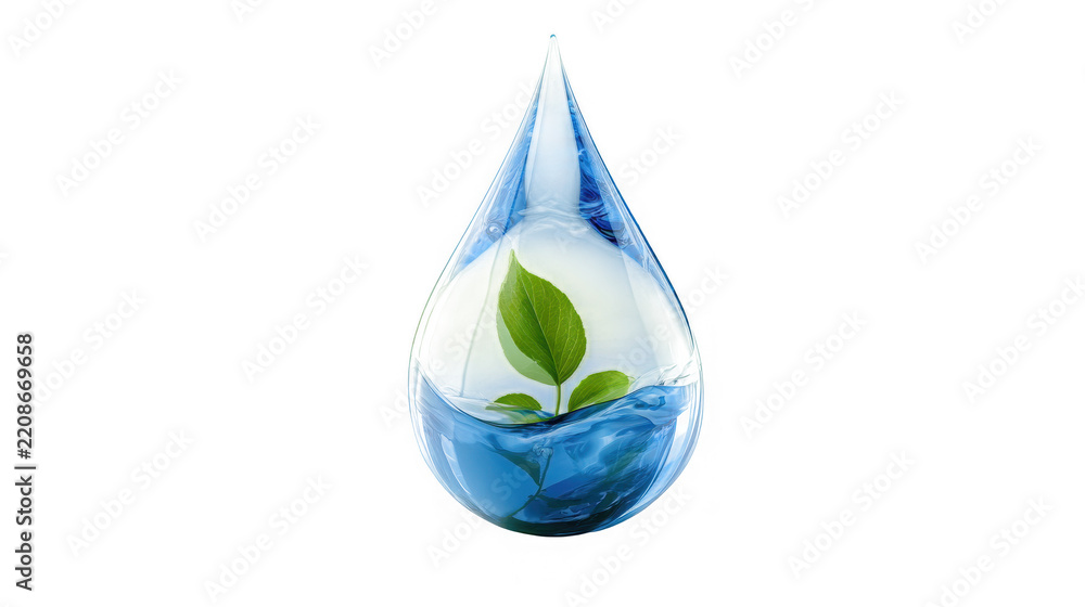 Obraz premium Water droplet cradling a small green sprout growing inside a crystal clear liquid sphere on a transparent surface.