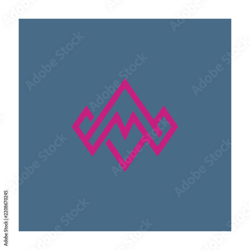 Geometric pink symbol on blue background, abstract design element, modern logo concept