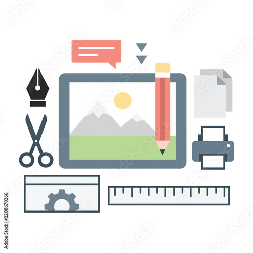 Creative design tools and stationery on tablet screen with mountains background
