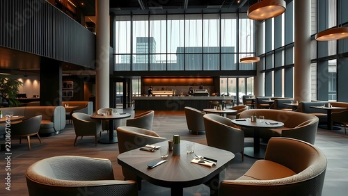 Premium hospitality interior background featuring refined tables and atmospheric bokeh