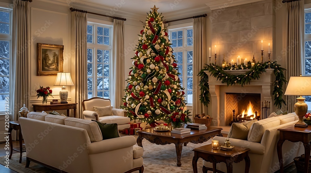 Obraz premium Elegant living room interior decorated for christmas with a large lit tree and a cozy fireplace
