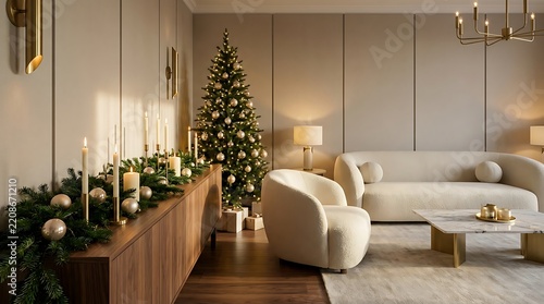 Modern living room interior decorated for christmas with a beautiful tree and festive holiday home decor