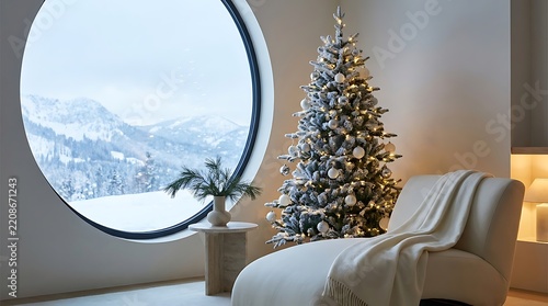 Cozy living room interior with a decorated christmas tree and a round window overlooking a snowy winter landscape