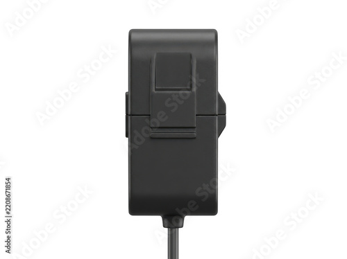 Black power adapter with USB port connected to a cable against a transparent background.
