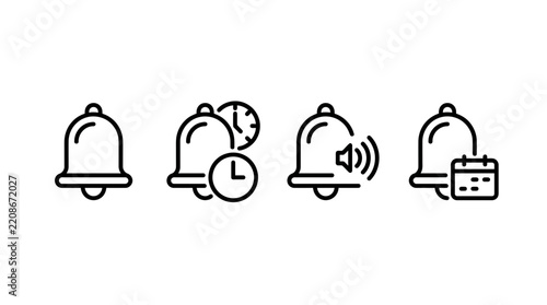 Notification Icons Set: Bell, Timer, Sound, Calendar. Isolated.