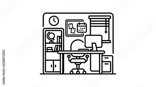 Office Workspace Icon - Desk, Computer, Chair, Bookshelf, Isolated