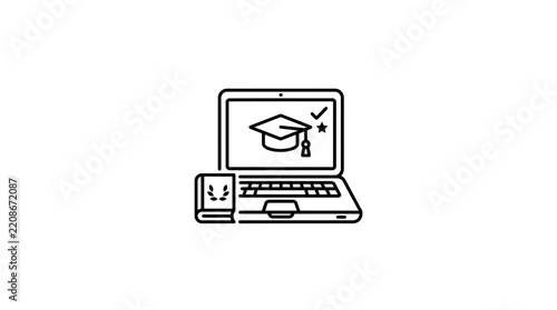 Online education concept icon: laptop with graduation cap, book, isolated on transparent background