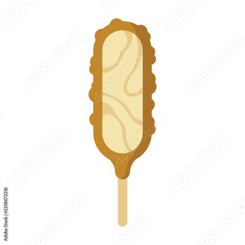 Corn dog on a wooden stick isolated on white background for fast food menu design