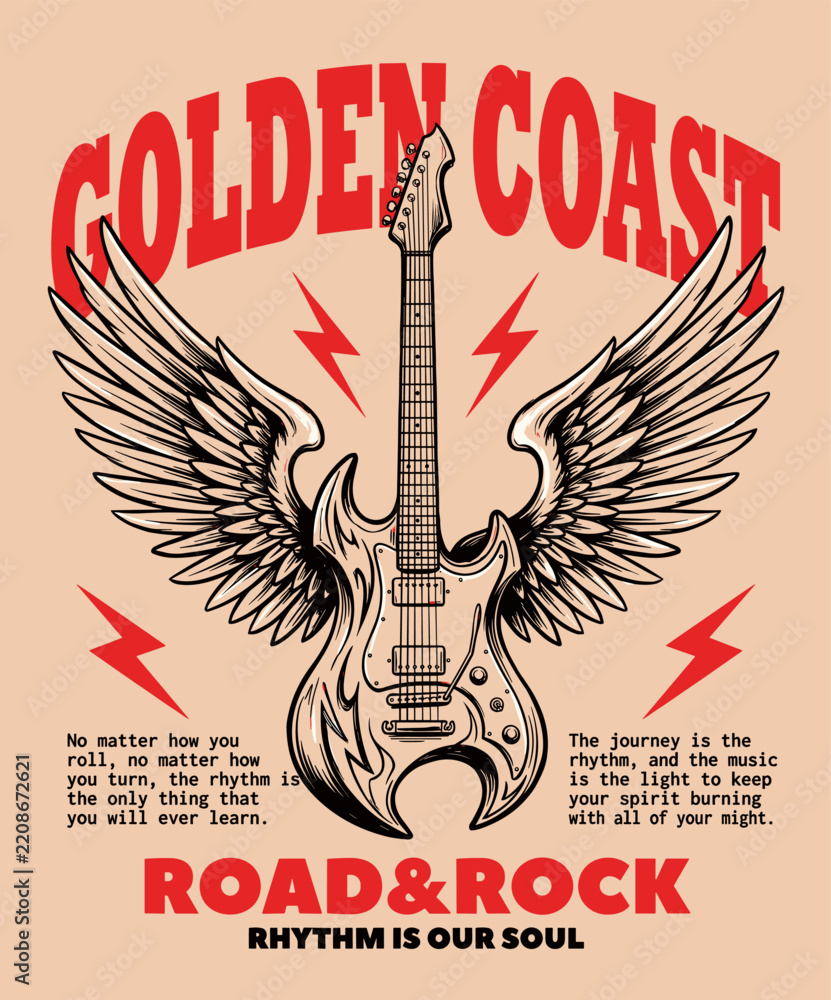 Fototapeta premium Rock music art. Winged guitar logo. Retro coast poster. Road and rock. Rhythm soul design.