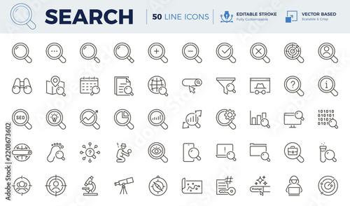 Search icons. Magnifier, discovery and finding icon set. Editable stroke vector illustrations.