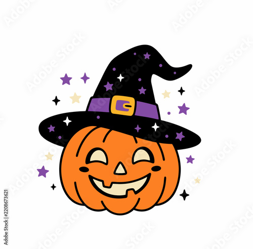 Cute Jack O Lantern with Witch Hat Halloween Cartoon Illustration