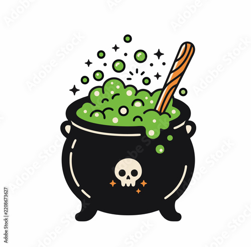 Spooky Green Potion Cauldron with Skull Halloween Cartoon Illustration