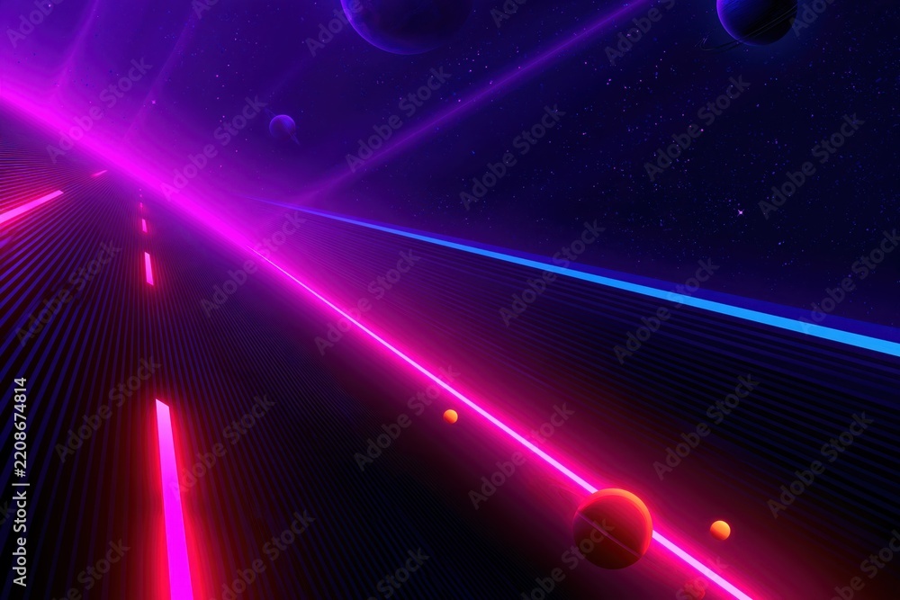 Fototapeta premium Futuristic Neon Road in Space with Planets