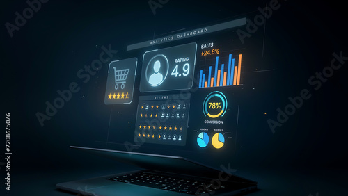 Modern laptop displaying ecommerce analytics dashboard with sales growth and customer rating metrics