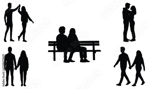 Set of black silhouettes of romantic couples standing sitting and walking together isolated on white background for design usage.